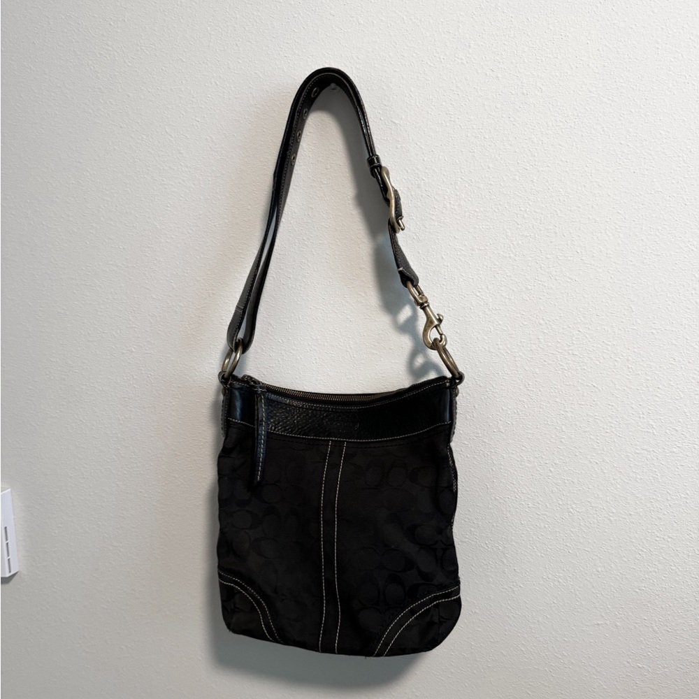 COACH 10403 BLACK JACQUARD LEATHER TRIM BRASS HDWRE SHOULDER BAG PURSE - Picture 5 of 5